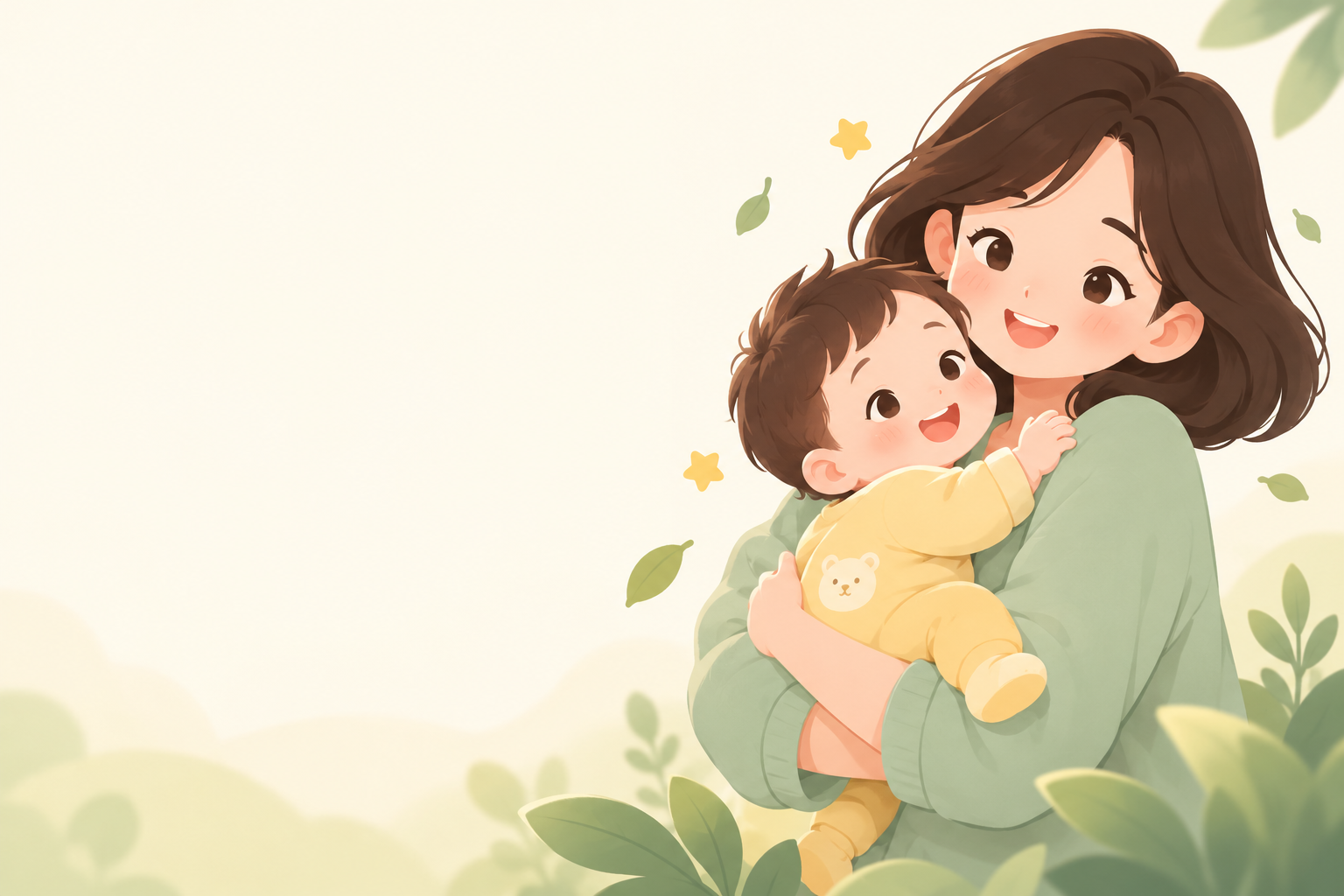 家长开心地抱着宝宝的柔和彩色卡通插画
